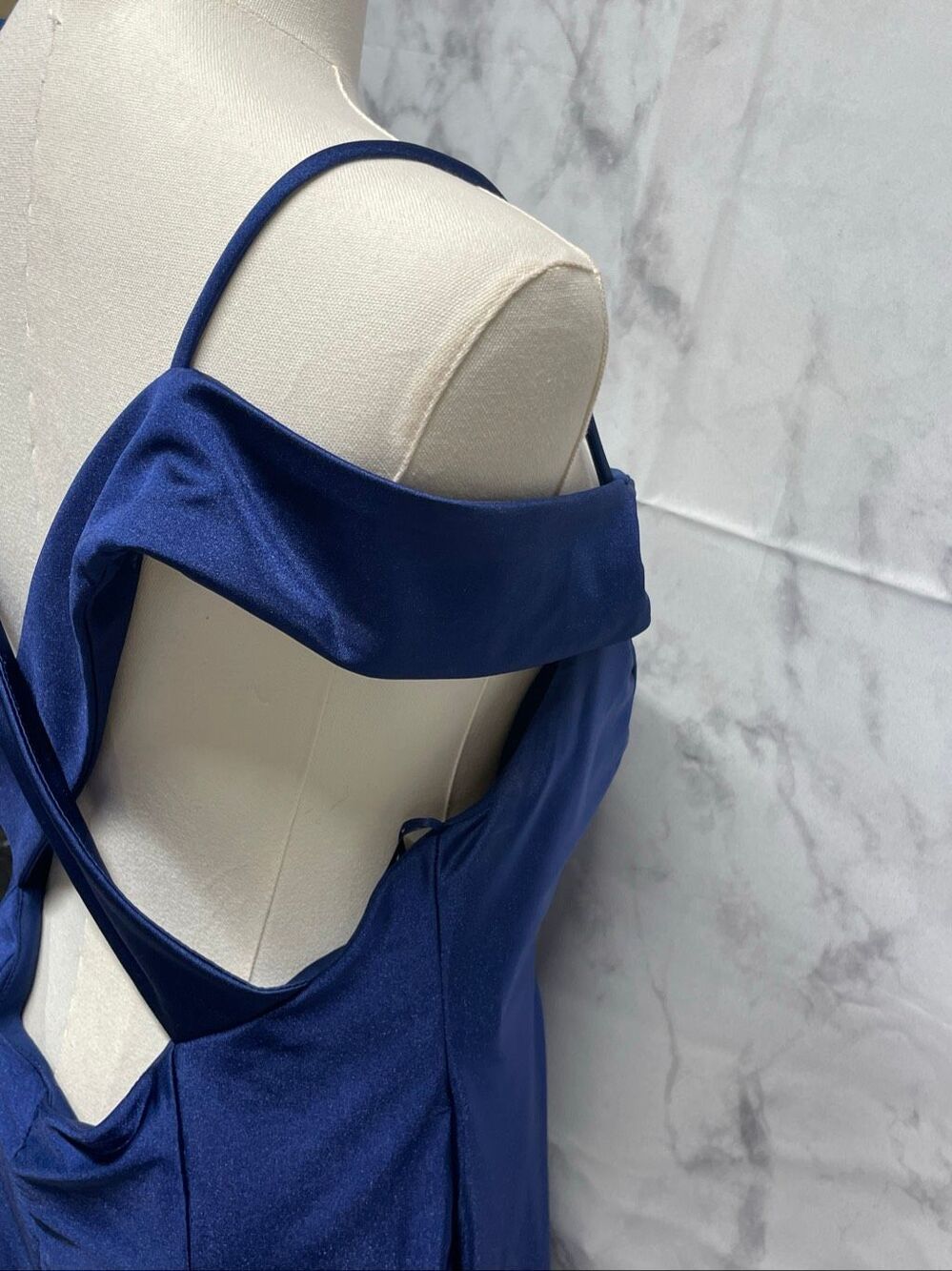 Nightway NW Royal Blue Satin Formal Evening Gown Size 14 Cold Shoulder Maxi - Picture 3 of 5